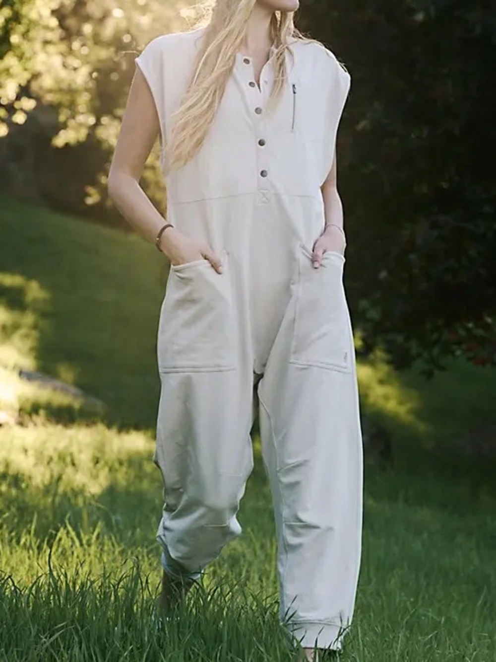 Free People All Day Everyday Henley Jumpsuit beige tan Sz M women’s